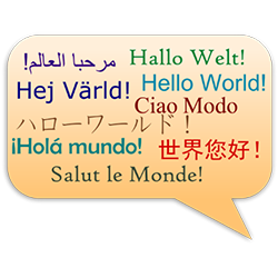 Speech bubble with many different ways to say Hello World